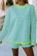 Stripe Colorblock Pullover & Elastic Waist Shorts 2pcs Set