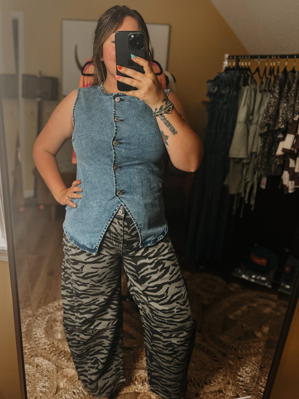 Western Buttoned Front Slit Denim Vest