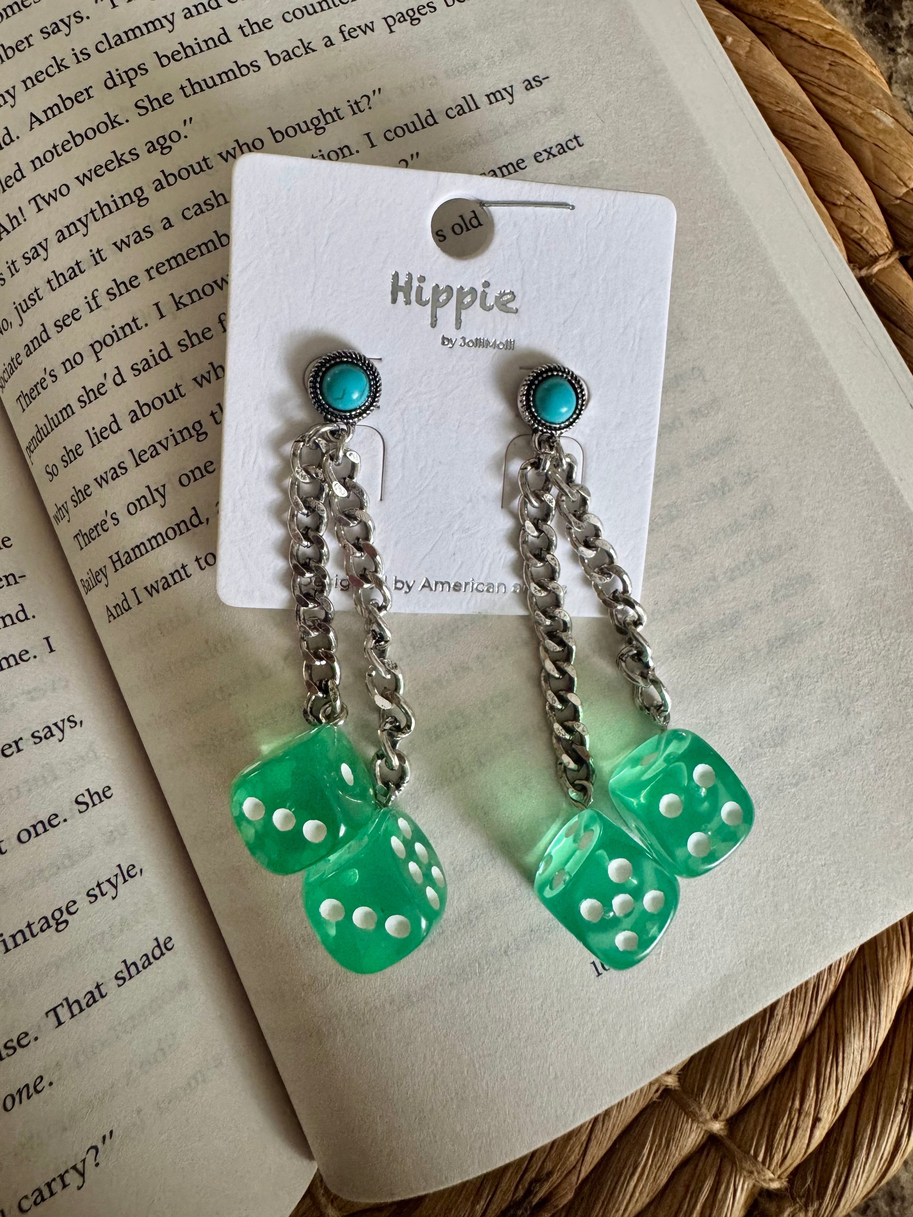 Stone Post Dice Chain Earrings