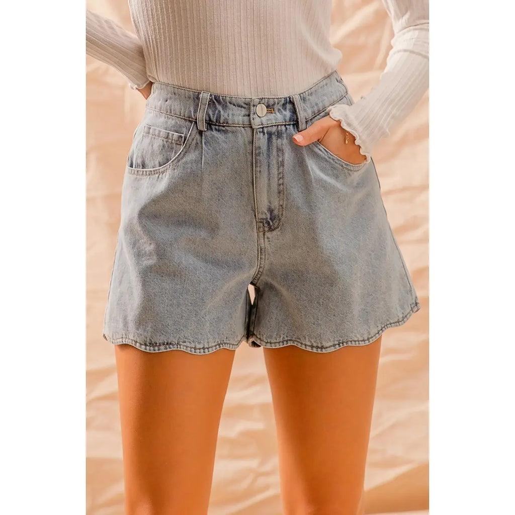 High Rise Denim Shorts with Scallop Hem