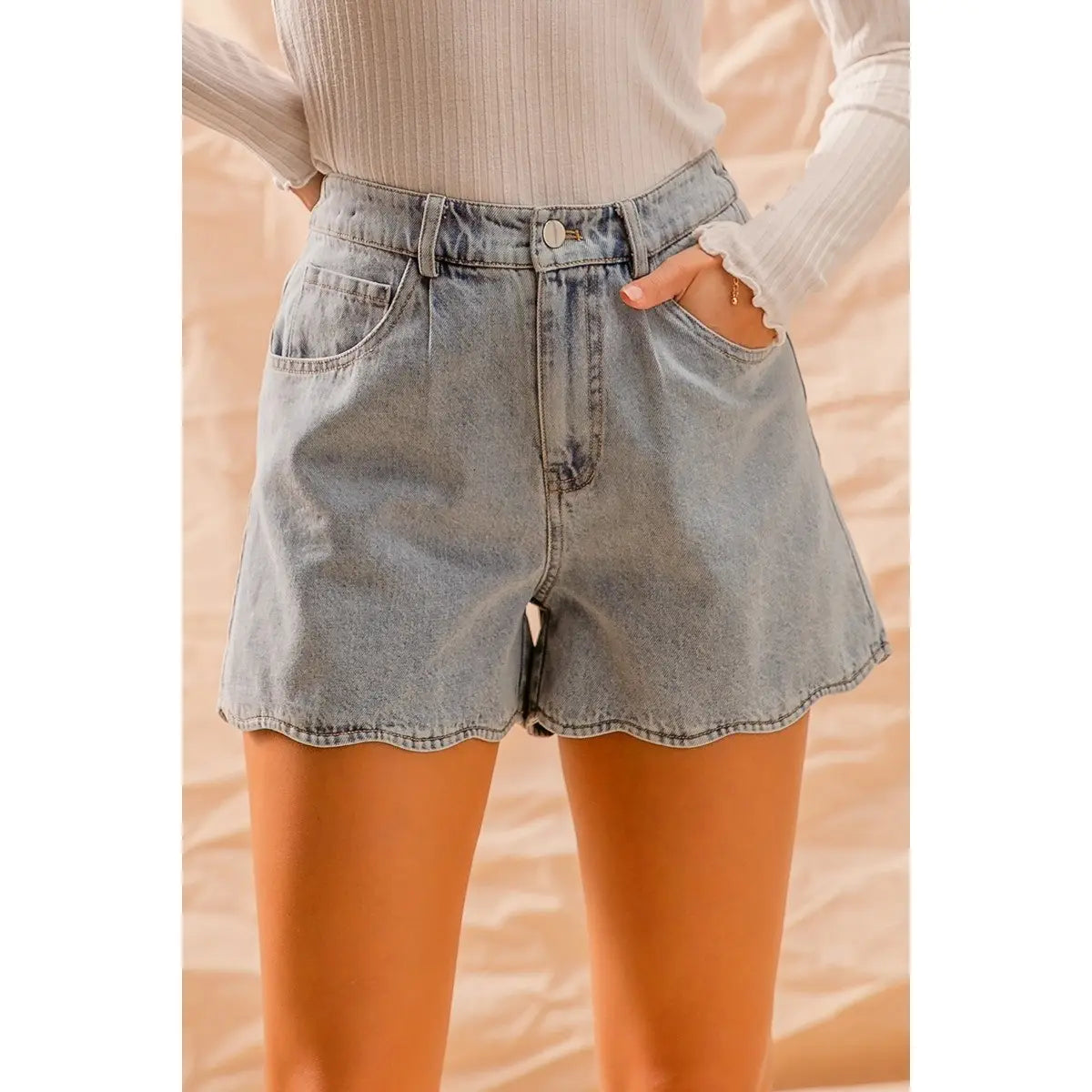 High Rise Denim Shorts with Scallop Hem