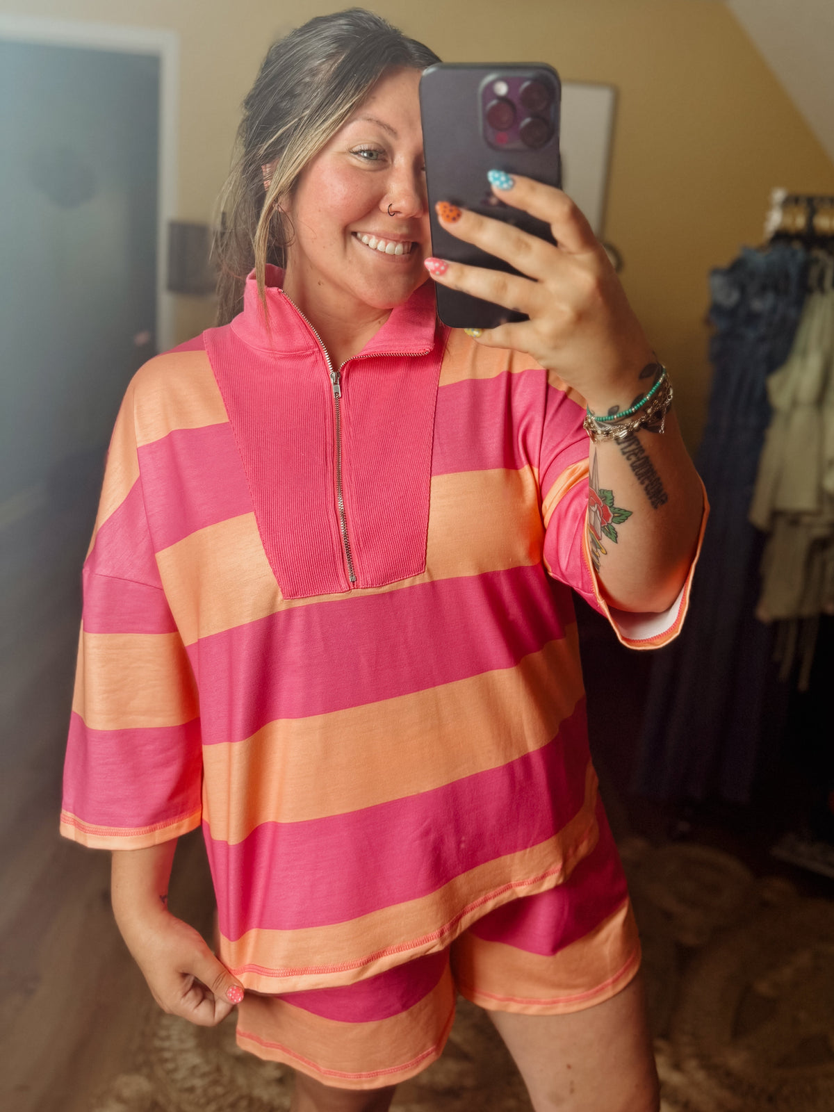 Half Zip Oversize Tee & Casual Shorts Set